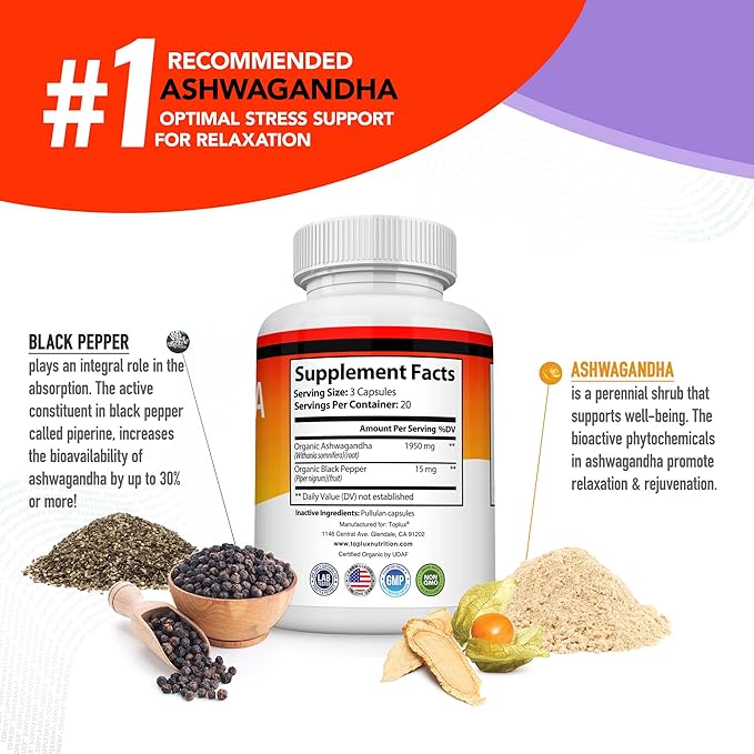 Organic Ashwagandha Root Powder Pills 1950 Mg with Black Pepper Extract - Pure Natural Ashwagandha Supplement, Support Energy, for Men Women, 60 Capsules