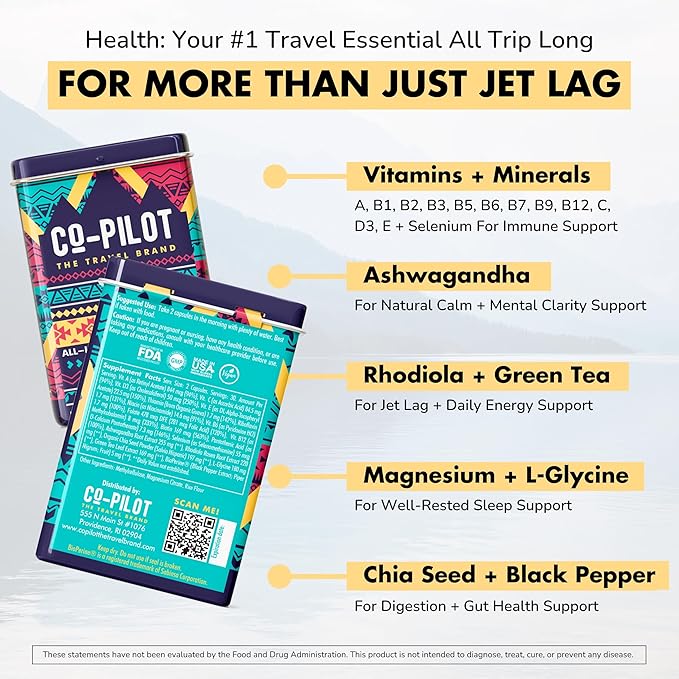 Supplement 2 Pack: Jet Lag Prevention + Ashwagandha, Rhodiola, D3+ for Immune Support, Energy, Digestive Health | Airplane Travel Essentials Multivitamin | Vegan | 120 Count
