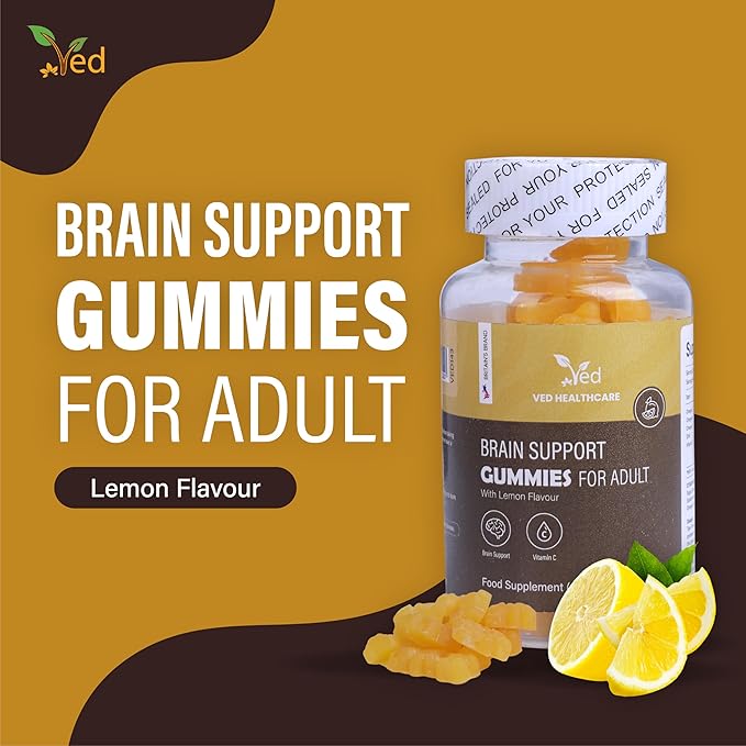 Ved Brain Support Gummies for Adult ; BSA Chews Lemon Flavour, Raw Unfiltered Omega 3-6-9 & DHA Gummies, Vegetarian Vegan Health Supplement for Men and Women- 60 Chews 20 Days’ Supply
