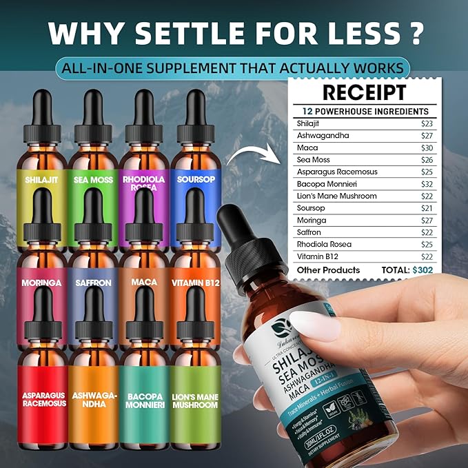(3 Pack) Lukaree Shilajit Liquid Drops with Sea Moss, Ashwagandha, Maca, Fulvic Acid, Trace Minerals, 12-IN-1 Liquid Vitamins Supplement for Men and Women, Energy, Antioxidant, Immune Support, 3 FL OZ