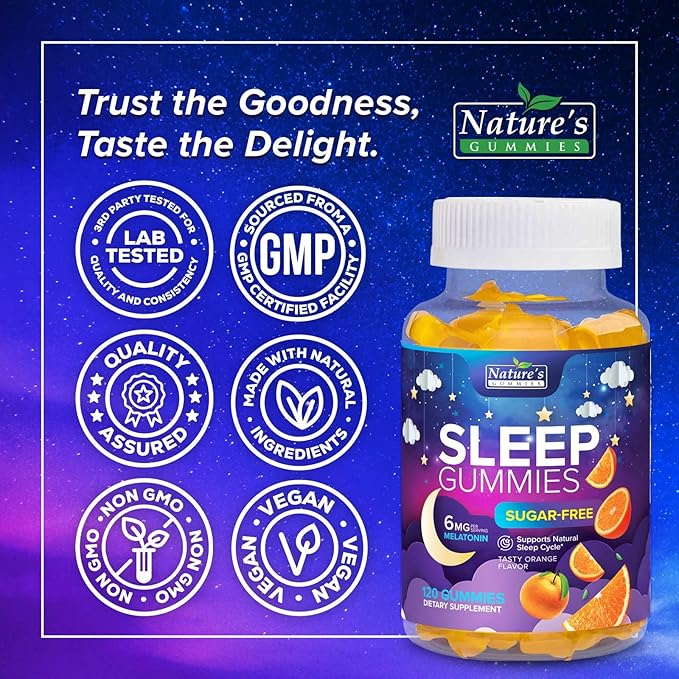 Sleep Gummies for Adults 6mg - Sugar Free Extra Strength Melatonin Gummy, Natural Sleeping Gummy for Adults, Kids, Orange Flavored, Vegan, Non-GMO, Sleep Vitamin Support Supplement - 120 Gummies