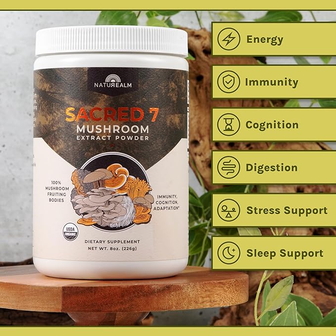 Sacred 7 Mushroom Coffee Booster | Organic Mushroom Supplement Powder – Lions Mane, Reishi, Chaga & More | Adaptogen + Nootropic | 100% Fruiting Bodies | Mix with Coffee,Tea, Smoothies - 226 Servings