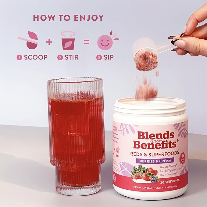 360 Nutrition Blends with Benefits Reds & Superfoods for Natural Antioxidants and Polyphenols, with Fruits & Veggies, Probiotics Digestion, Daily Energy - Berries & Cream - 30 Servings