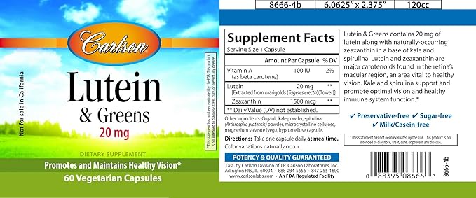 Carlson Lutein W/ Kale 20mg, 60 Capsules