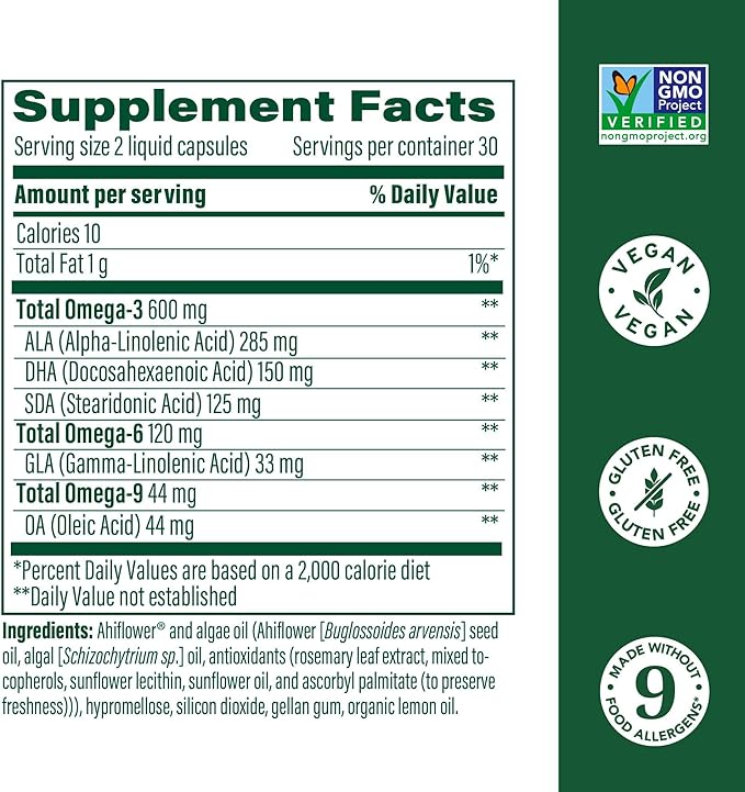 MegaFood Vegan Omega 3 6 9 - Burp-Less Supplement - 600 mg Plant-Based Omega-3 & 150 mg DHA Per Serving - Heart, Brain, Vision & Joint Support - Fish Oil Alternative - 60 Capsules, 30 Servings