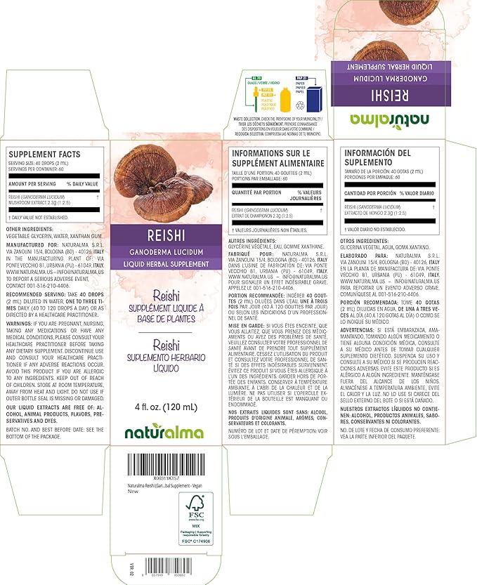 Naturalma Reishi (Ganoderma lucidum) Fungus or Mushroom Alcohol-Free Tincture - 4 fl oz Liquid Extract in Drops - Herbal Supplement - Vegan