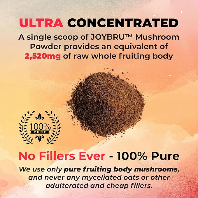 JOYBRÜ Ultra Potent Mushroom Powder Blend, 8:1 Concentrated Extract, Reishi, Chaga, Shiitake, Lion's Mane, Cordyceps, Maca, Probiotics, 3.35oz