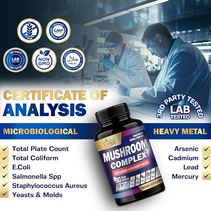 Cadane Mushroom Complex Supplements - 13in1 Concentrated with Lions Mane, Cordyceps Sinensis, Reishi, Turkey Tail Mushroom, Maitake, Chaga, Shiitake, Enoki, Agaricus, Oyster & More - 90 Vegan Capsules
