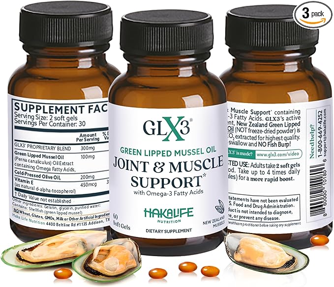 GLX3 Extra Strength Green Lipped Mussel Oil Capsules - Long-Lasting Joint Comfort Supplement - Support for Aches, Soreness - Naturally Rich in Omega 3 & Chondroitin Sulfate 180 Tablets