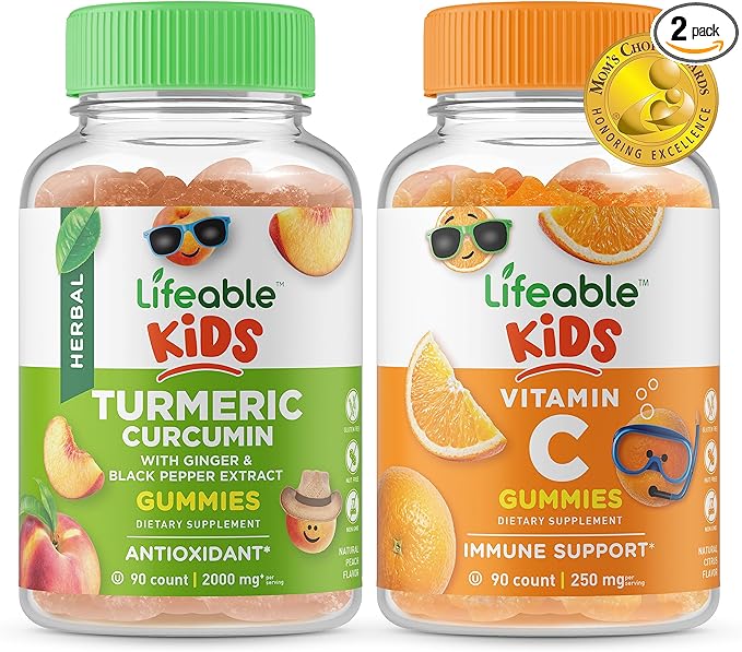 Lifeable Turmeric Curcumin Kids + Vitamin C Kids, Gummies Bundle - Great Tasting, Vitamin Supplement, Gluten Free, GMO Free, Chewable Gummy