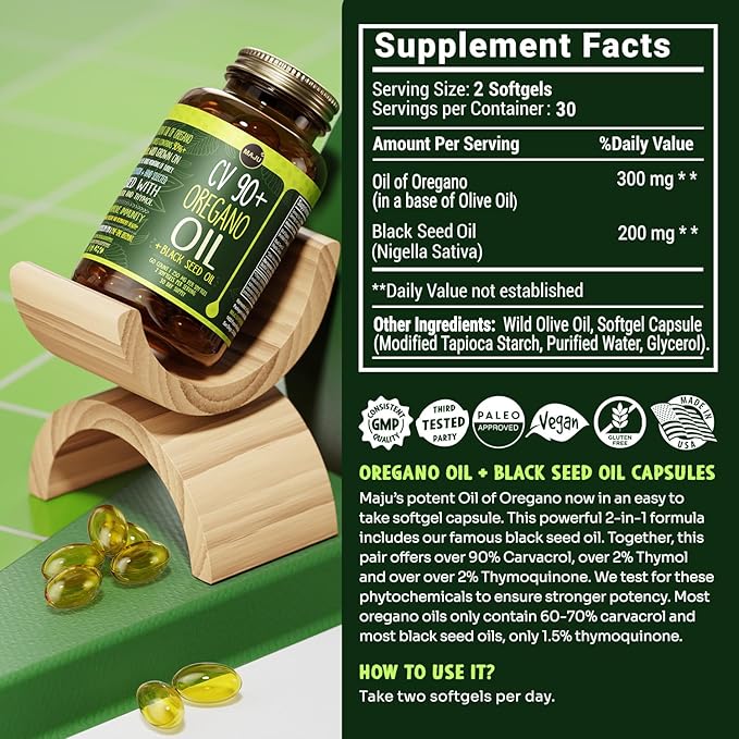 Maju Superfoods Oil of Oregano with Black Seed Oil Capsules, 2-in-1 Softgel, Potent 90%+ Carvacrol, High Thymoquinone, 60 Count, 500mg per Serving, Wild Oregano and Black Seeds