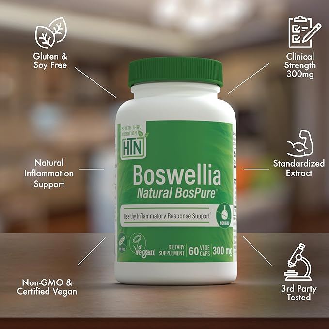 Health Thru Nutrition Boswellia 300mg 60 Capsules as Bospure AKBAMAX | High Potency 75% Boswellic Acids 10% AKBA | Healthy Inflammatory Support | Vegan Certified | Non-GMO, Gluten Free, Soy Free