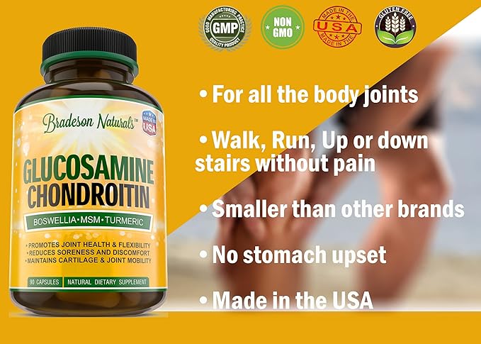 Joint Supplement with Glucosamine Chondroitin Turmeric MSM Boswellia Bromelain & Quercetin.Promotes Joint Health. 90 Capsules. Made in USA