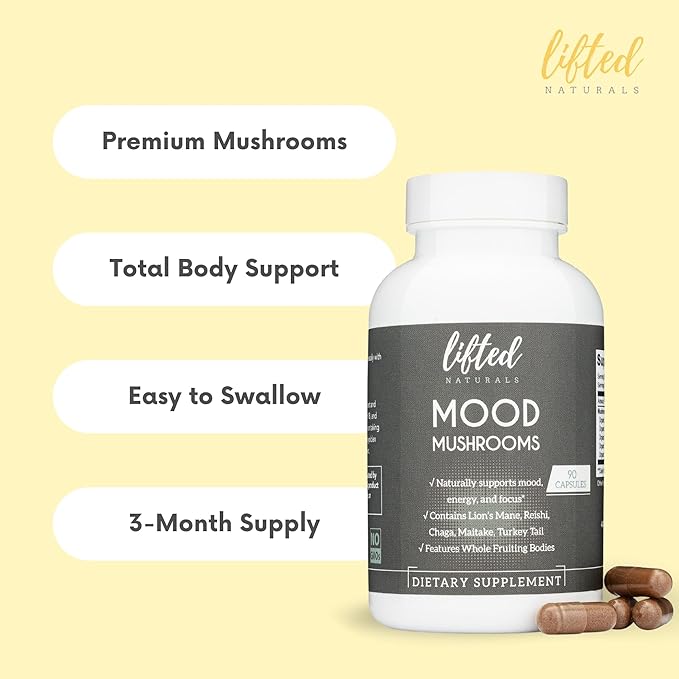 Mood Mushrooms - Lifted Mushroom Supplement - Lion's Mane, Reishi, Chaga, Turkey Tail, Maitake - Energy, Focus, Stress Relief