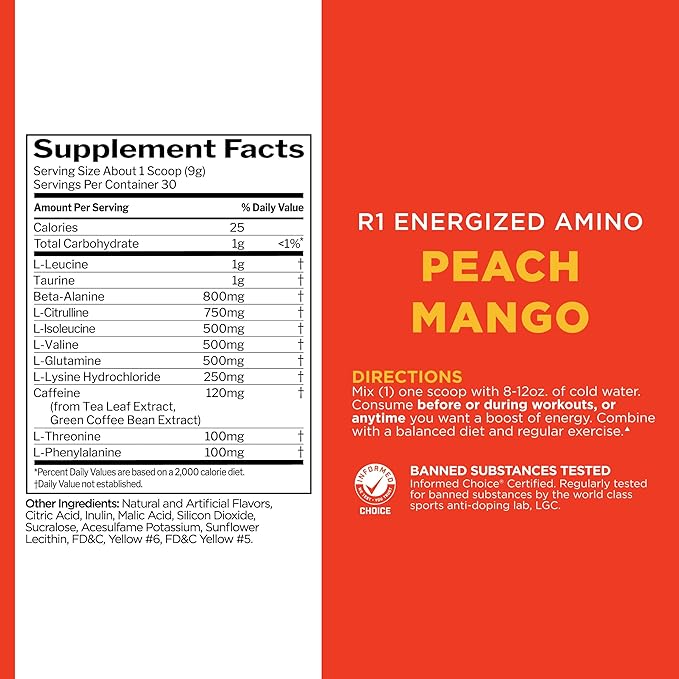 Rule 1 Energized Amino – Anytime Energy and Recovery Support with BCAAs, Glutamine, Citrulline, Beta Alanine, and Caffeine from Green Coffee & Tea Leaf Extracts (30 Servings, Peach Mango)