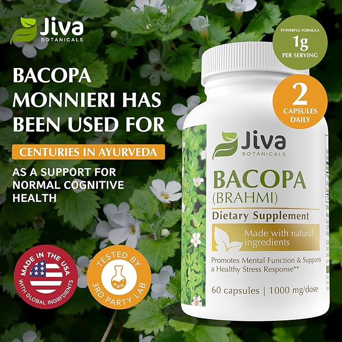Jiva Botanicals Bacopa Monnieri Supplement 1000mg per Serving - Bacopa Monnieri (Brahmi) & Extract for Normal Brain, Focus, & Memory Support - Ayurvedic Herbs, Made in The USA - 60 Capsules