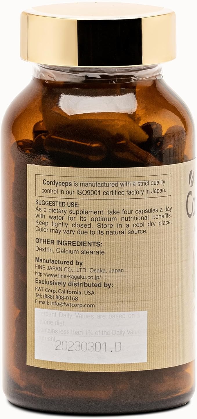 FINE JAPAN Cordyceps Mushroom Capsules - Premium Cordyceps Militaris and Sinensis Extract for Optimal Health Benefits, 100% Authentic Cordyceps in Easy-to-Swallow Capsules