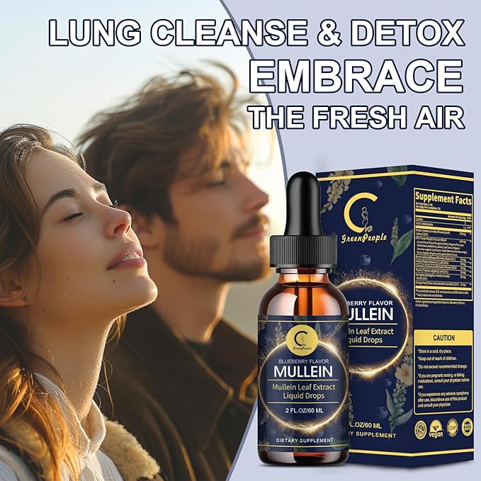 Mullein Leaf Extract Drops for Lungs - Lung Cleanse & Detox, Pure Mullein Leaf Liquid Drops, Support for Respiratory, Immune, Digestive System, Vegan, Non-GMO, Blueberry Flavor, 2 FL OZ