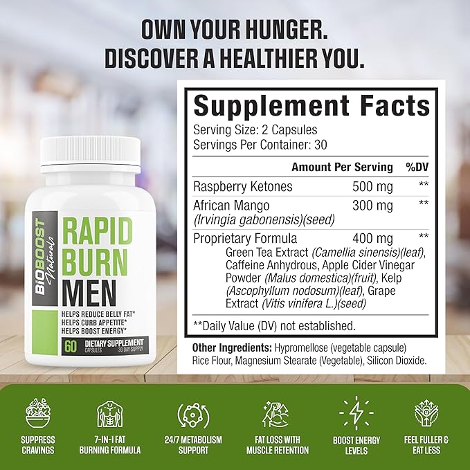 Rapid Fat Burner MEN | 7 Powerful Ingredients for Male Fat Loss, Appetite Suppressant + Carb Blocker | Lose Belly Fat, Increase Energy, Size, Stamina & Sustain Muscle Mass - 60 Capsules for Men