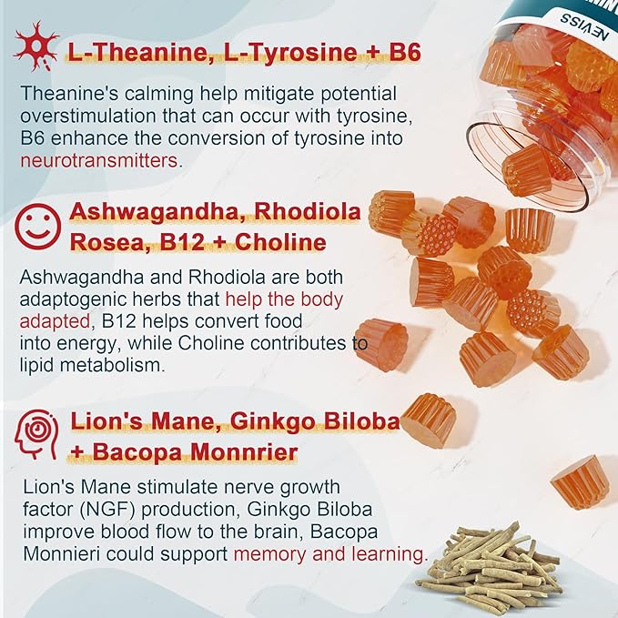 Sugar Free L-Tyrosine Focus Gummies L-Theanine Vitamin B12 & B6, Brain Herbs w/Lion's Mane Mushroom, Ginkgo Biloba, Bacopa Monnieri, Choline - Brain Supplements for Memoery, Nootropic, Energy, 2Packs