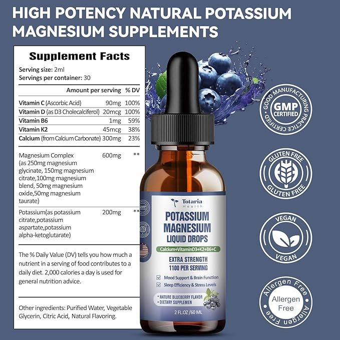 Potassium Magnesium Supplement Liquid Drops - Vitamin K 2 Potassium Supplement Complex Magnesium Glycinate Liquid Citrate Oil High Absorption Potasio Support Bone, Muscle, Leg Cramps, Blueberry