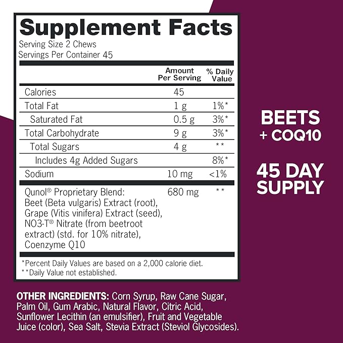 Qunol Beets Chews for Blood Pressure Support, 3 in 1 Beets + CoQ10 + Grape Seed Extract, Supports Healthy Blood Circulation & Heart Healthy Energy, 90 Chews