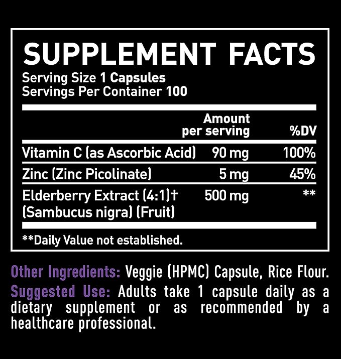 Zeal Naturals Max Strength Elderberry Capsules + Zinc + Vitamin C | 500mg for Immune System Support with Black Sambucus Elderberry | 100 Count | 3-in-1 Immune Support for Adults