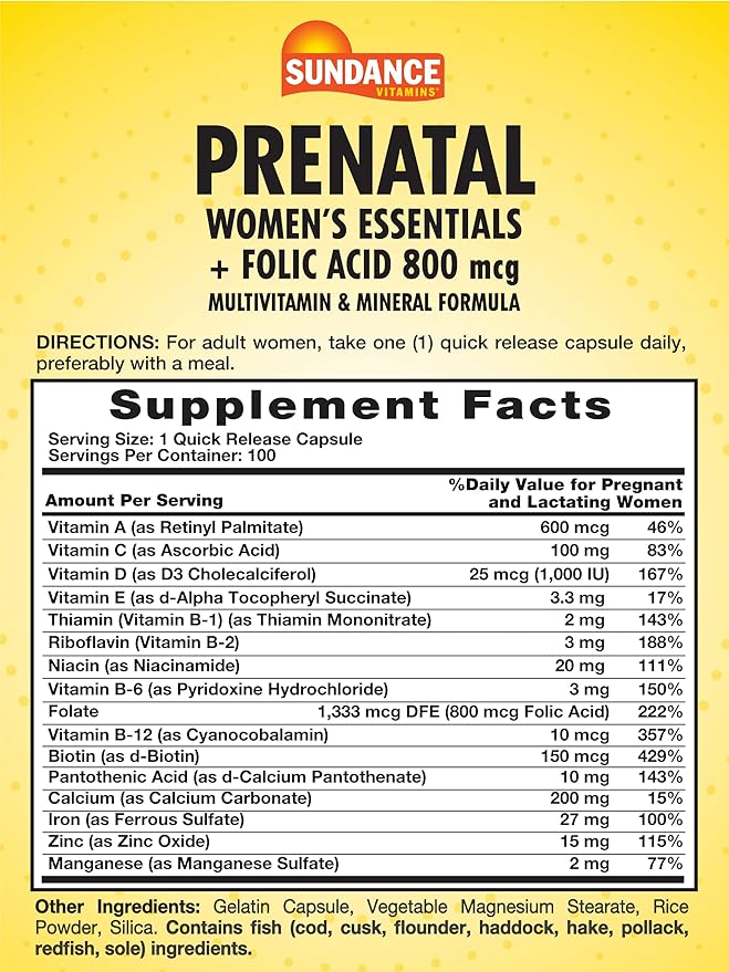 Sundance Prenatal Multivitamin | with Folic Acid | 100 Quick Release Capsules | 800 mcg | Non-GMO, Gluten Free Supplement for Women
