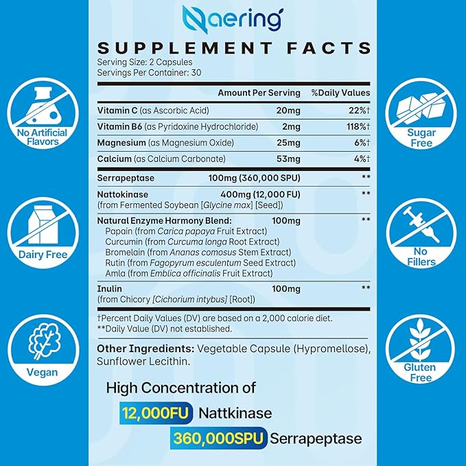 Liposomal Nattokinase 12,000 FU Serrapeptase 360,000 SPU Enzyme Supplement - Enriched with Synergistic Enzymes and Nutrient Blend & Inulin for Circulatory, Gut, Digestion 60 Capsules (2 Bottle)