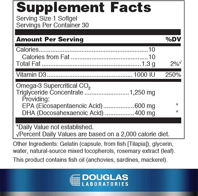 Douglas Laboratories Quell Fish Oil EPA/DHA Plus D | 3:2 Ratio of EPA to DHA Essential Omega 3 Fatty Acids Plus 1,000 I.U. of Vitamin D3* | 30 Softgels