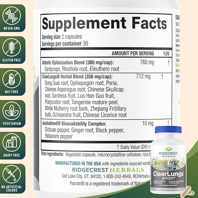 Ridgecrest Herbals ClearLungs Sport, Oxygen Intake and Lung Support Formula with Cordyceps, Rhodiola, Eleuthero (60 Vegan Caps, 30 Serv)