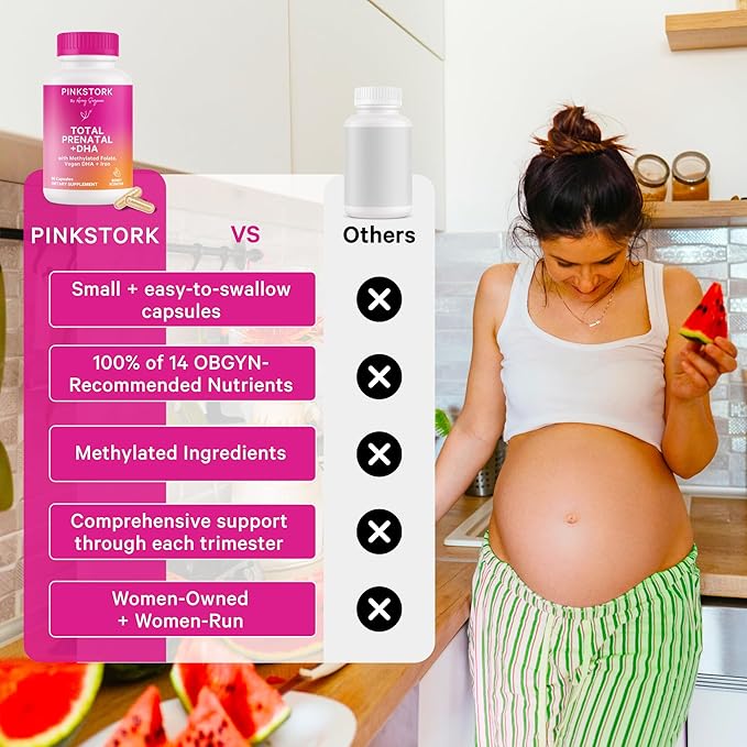 Pink Stork Total Prenatal Vitamins with DHA, Folate, Iron, Choline, and Vitamin B12 - Prenatals for Women to Support Fetal Development, Pregnancy Must Haves, Berry Essence, 60 Capsules, 1 Month Supply