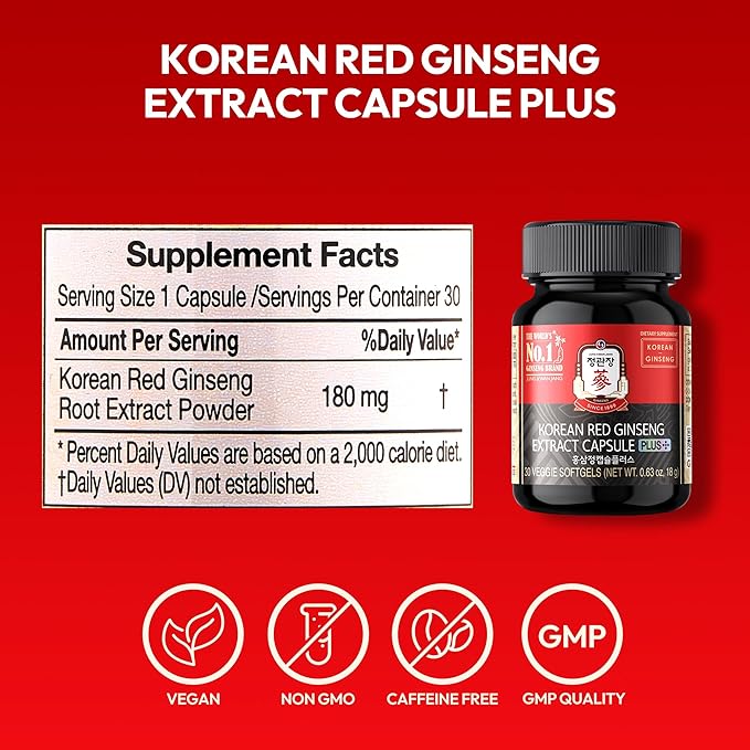 Renewed Korean Red Ginseng Extract Capsule Plus - All-in-One Vegan Supplements - Energy Boost & Immune Support, Caffeine Free & Non-GMO (600mg, 30 Capsules)