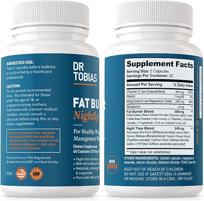 Dr. Tobias Fat Burner Nightly, Night Time Metabolic Support with White Kidney Bean Extract, Ashwagandha Root, Green Coffee Bean Extract & Melatonin, Non-GMO, 60 Capsules (30 Day Supply)