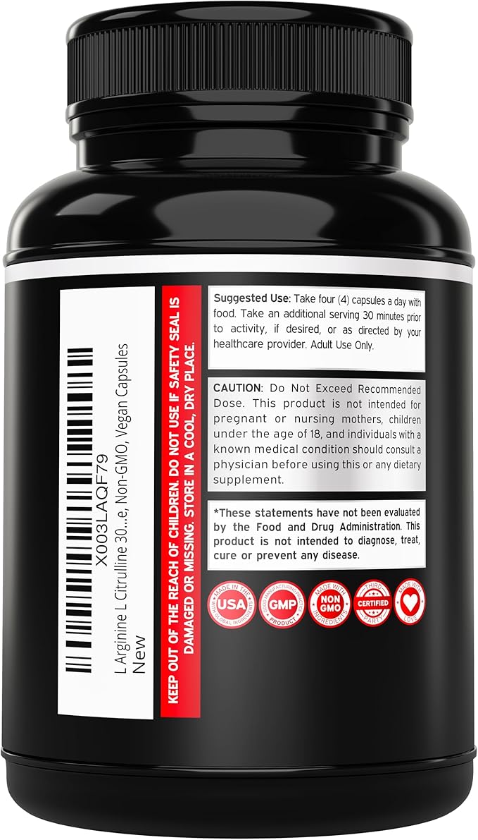 L Arginine L Citrulline Supplement 3000mg (240 Capsules) Nitric Oxide Pills for Men - Stamina, Endurance, Performance for Workouts - NO Supplements for Men - Gluten Free, Non-GMO, Vegan Capsules