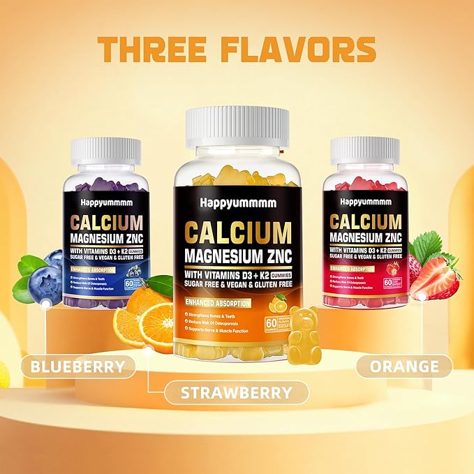 Calcium Magnesium Zinc Gummies with Vitamin D3 & K2 - High Potency Enhanced Absorption -60 Orange Gummies Flavored.
