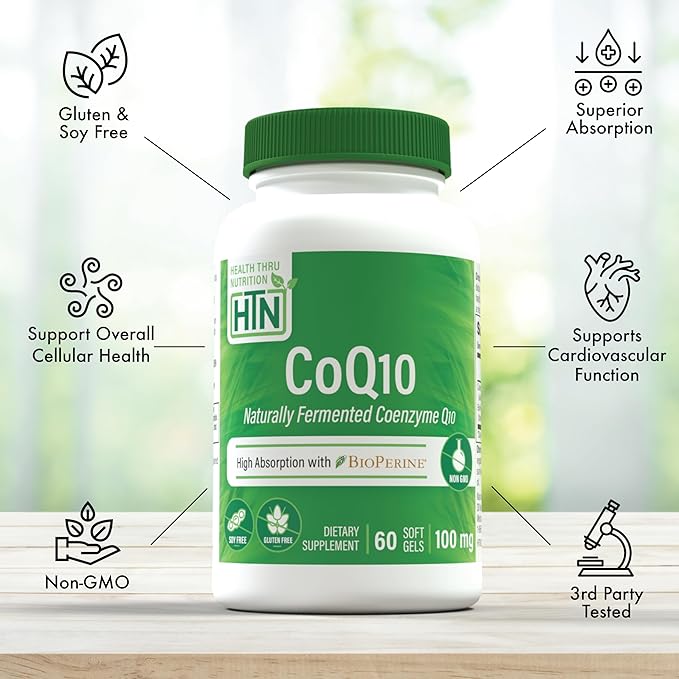 Health Thru Nutrition CoQ-10 100mg with BioPerine 60 Softgels | High Absorption Naturally Fermented USP Grade Coenzyme Q10 Supplement | 3rd Party Tested | Heart Health and Energy Support