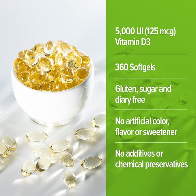 ORZAX Vitamin D3 5000 iu (125 mcg) – Non-GMO, Gluten Free, Sugar Free, Dairy Free – 1 Year Supply for Strong Muscle Function & Immune Support – Mood Supplement for Wellness (360 Softgel)