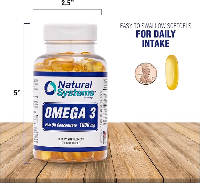 Omega 3 1000mg Fish Oil 100 Concentrated Softgels by Natural Systems - Omega 3 Supplements - Capsules for Daily Diet - EPA - DHA - Perfect for Heart, Eye, Brain and Joints Support*