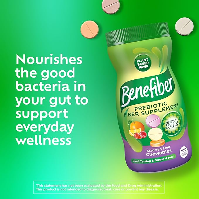Benefiber Chewable Prebiotic Fiber Supplement Tablets for Digestive Health, Assorted Fruit Flavors - 100 Count