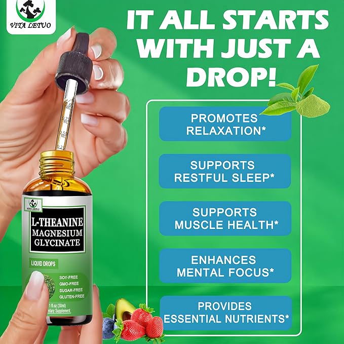 L Theanine Drops, Liquid L-Theanine Supplement 200mg w/Magnesium Glycinate,Vitamins,Fiber for Relaxation,Sleep,Digestion, Calm,High Absorption Mood Support for Adults & Kids,Plant Based,Non-GMO