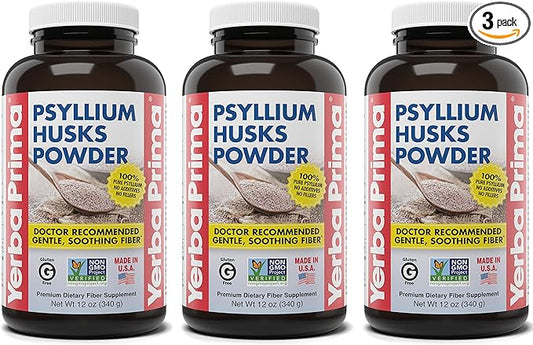 Yerba Prima Psyllium Husks Powder - 12 oz (Pack of 3) - Natural Fiber Supplement - Colon Cleansing - Vegan, Non-GMO, Gluten-Free (New Label - Packaging May Vary)