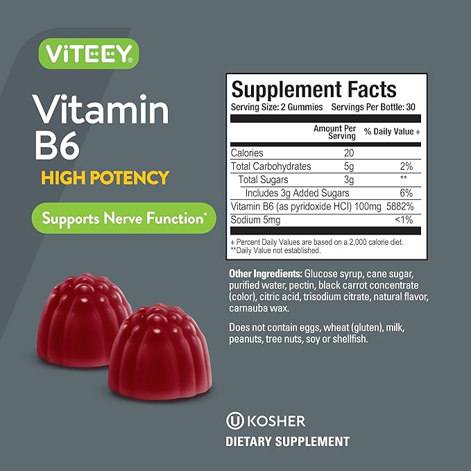Vitamin B6 Gummies 100mg for Adults & Teens - B6 Vitamins for Mood & Nerve Function Support - Immune Booster - Vegan, GMO Free, Gluten Free, Gelatin Free - Tasty Chewable Berry Flavored VIT B6 Gummy