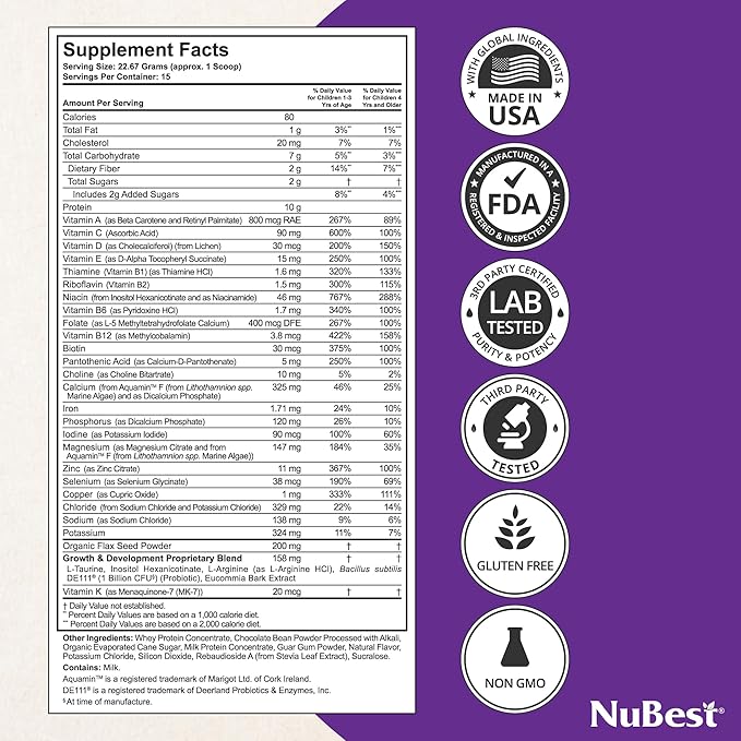 NuBest Tall Protein Powder for Kids & Teens - Chocolate Protein Powder Shake - Protein Drink with Probiotics, Omega 3-6-9, Vitamin D3 + K2, Calcium, Vitamins - Bone Strength and Immunity - Pack 4