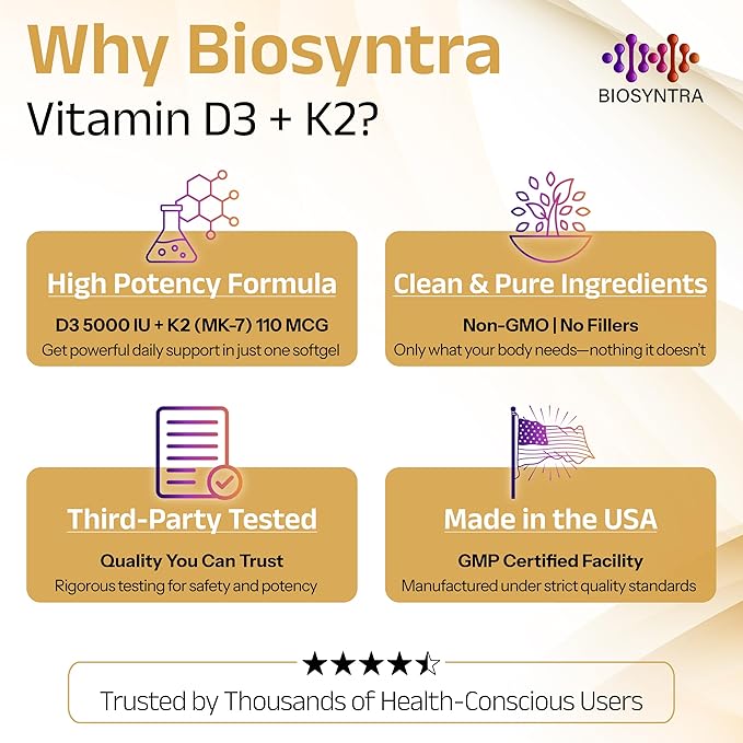 Vitamin D3 5,000 IU + Vitamin K2 (MK-7) 110 mcg Softgels – with Coconut Oil for Enhanced Absorption | Non-GMO, Easy-to-Swallow | Supports Bone and Immune Health | 60 Count