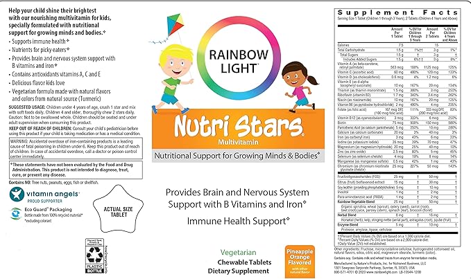 Rainbow Light Multivitamins for Kids, Vitamin B, Zinc & Iron, Prebiotics, Nutri Stars Provides Brain & Nervous System Support, Pineapple Orange, 120 Chewable Tablets