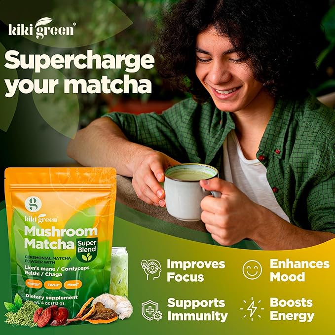 KIKI Green Mushroom Matcha Powder Super Blend 4 oz - Mushroom Coffee Alternative for Better Energy, Focus, Immunity - with Lion's Mane, Chaga, Reishi, Cordyceps