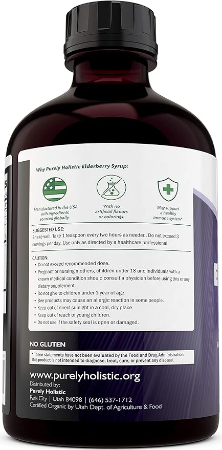Purely Holistic Organic Elderberry Syrup for Adults & Kids (2+) - 16 fl oz - with Black Sambucus Elderberry, Propolis, Echinacea, Raw Honey & Apple Cider Vinegar - Immune Support and Immune Booster