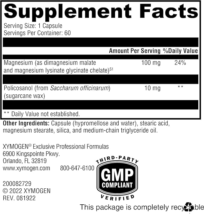 XYMOGEN CholeRex - Policosanol 10mg to Help Maintain Normal Blood Lipid Levels, Promote Healthy Blood Flow + Vessel Integrity - Enhanced with 2 Bioavailable Magnesium Chelates (60 Capsules)