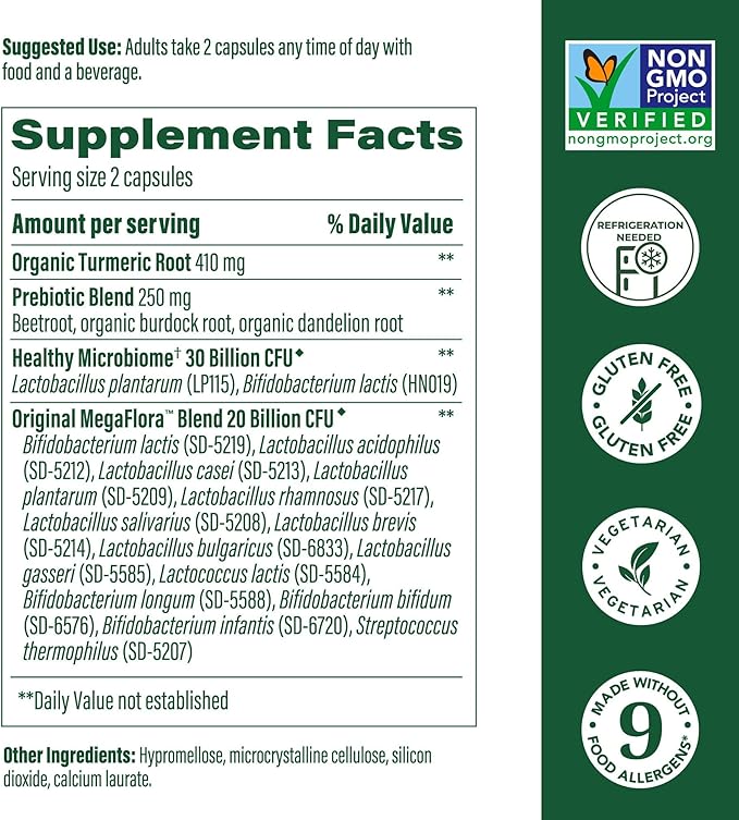 MegaFood MegaFlora Probiotic + Prebiotics + Turmeric Supplement - Probiotics for Women Digestive Health - 50 Billion CFUs - 14 Strains - Vegetarian - 60 Capsules (30 Servings)